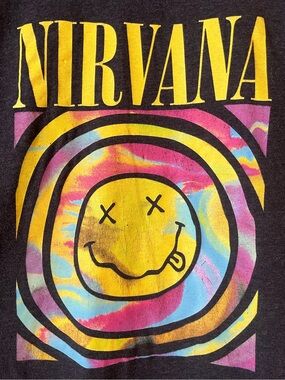 NIRVANA Heather grey tee with Yellow Logo and Pink & Blue Tie-Dye Smiley